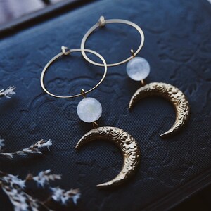 moon aura. a pair of celestial bohemian aura quartz and floral brass moon hoop earrings image 2