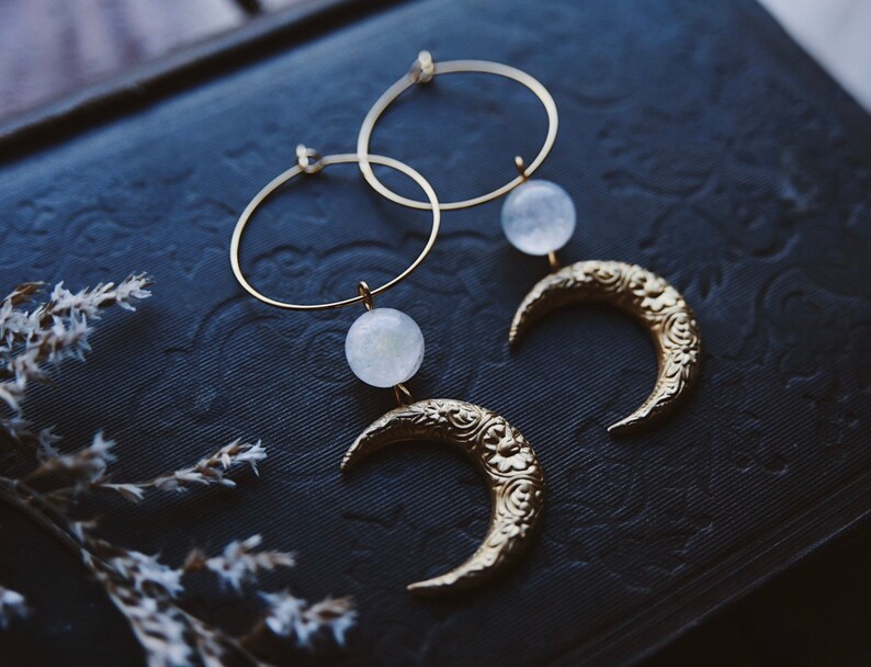 moon aura. a pair of celestial bohemian aura quartz and floral brass moon hoop earrings image 2