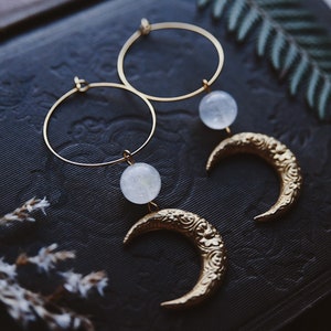 moon aura. a pair of celestial bohemian aura quartz and floral brass moon hoop earrings image 7