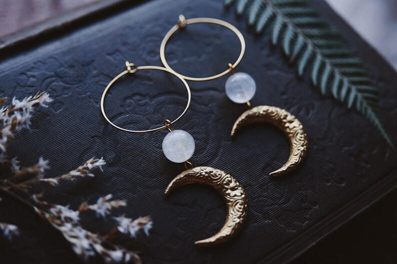 moon aura. a pair of celestial bohemian aura quartz and floral brass moon hoop earrings image 7