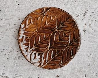 amber leaves stoneware jewelry dish ring trinket catch all brown earth tone rustic bohemian