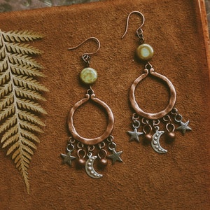 juno. a pair of bohemian celestial mixed metal moon and star copper earrings image 7
