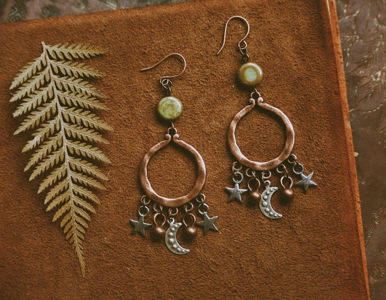 juno. a pair of bohemian celestial mixed metal moon and star copper earrings image 7