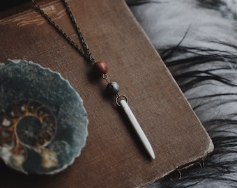 terra. a bohemian wood, jasper and howlite spike beaded pendant necklace