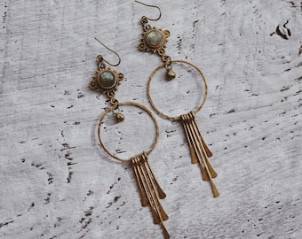 cora. a pair of bohemian labradorite and hoop fringe dangle earrings