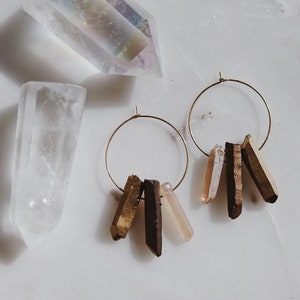 earth crystals. a pair of boho quartz hoop golden brass earth tone earrings