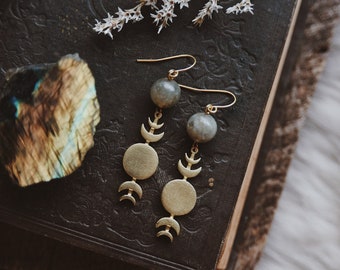 labradorite eclipse. a pair of boho celestial gold moon phase and selenite gemstone bead earrings