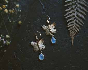 moonstone mariposa. a pair of boho rainbow moonstone gemstone teardrop and gold butterfly earrings