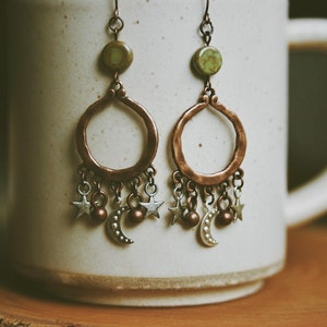 juno. a pair of bohemian celestial mixed metal moon and star copper earrings image 5