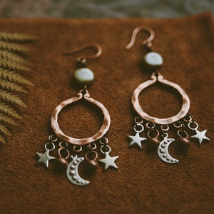 juno. a pair of bohemian celestial mixed metal moon and star copper earrings image 6