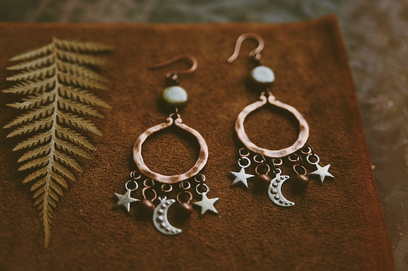 juno. a pair of bohemian celestial mixed metal moon and star copper earrings image 6