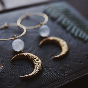 moon aura. a pair of celestial bohemian aura quartz and floral brass moon hoop earrings image 8