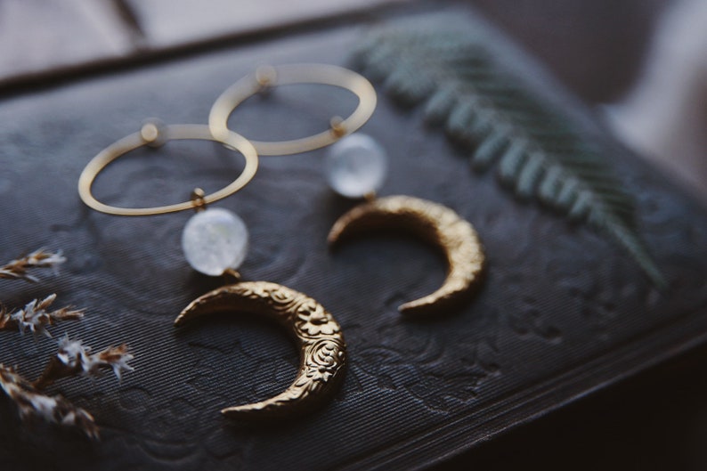 moon aura. a pair of celestial bohemian aura quartz and floral brass moon hoop earrings image 8