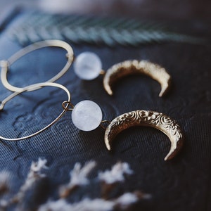 moon aura. a pair of celestial bohemian aura quartz and floral brass moon hoop earrings image 4