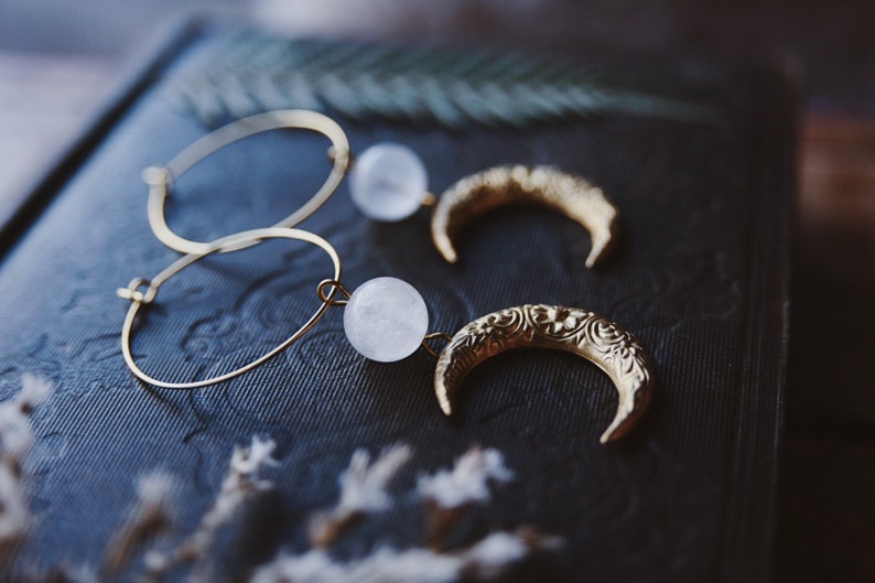 moon aura. a pair of celestial bohemian aura quartz and floral brass moon hoop earrings image 4