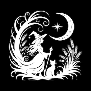 Hexe Katze Mond SVG | Weiße Hexe Silhouette Clipart | Halloween mystisch witchy Design | Digitaler Download PNG