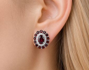 Boucles d'oreilles puces en grenat, argent sterling 925, grenat rouge, bijou double halo, pierre de naissance de janvier, cadeau de Noël