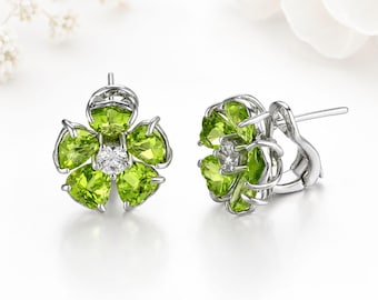 Boucles d'oreilles créoles en péridot, argent sterling 925, péridot de 7,5 carats, motif fleur, bijou en pierre précieuse verte, pierre de naissance d'août, cadeau d'anniversaire