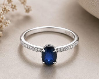 Bague saphir, bague en argent sterling plaqué rhodium, bague de fiançailles pour femme avec pierre précieuse bleue, bague de naissance de septembre, cadeau pour épouse, petite amie