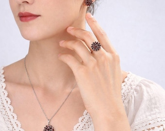 Garnet Sterling Silver Jewelry Set, Floral Ring, Earrings, Necklace, January Birthstone Jewelry Set For Women