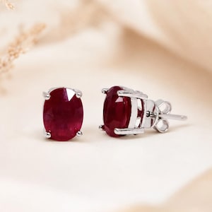 Ruby Stud Earrings 925 Sterling Silver Rhodium Plated Women Oval Studs, Ruby fine Jewelry Gift, Minimalist Everyday Earrings July Birthstone