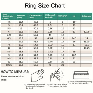 May include: Ring size chart with measurements in millimeters and corresponding sizes for the U.S.A., Canada, U.K., Europe, Australia, China, Hong Kong, and Switzerland. Includes instructions on how to measure finger size.