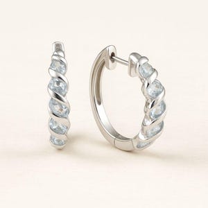 Huggie Hoop Earrings Aquamarine Silver Rhodium Plated, Wife Grirlfriend Birthstone Fine Jewelry, anniversary Romantic Dainty Minimalist Gift