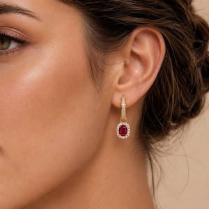 Geburtsstein Rubin baumeln Hoop Silber Gold Finish Ohrringe, zwei tragen Methode Design Juli Birthstone Frauen Geschenk, rosa Edelstein Minimalist Creolen