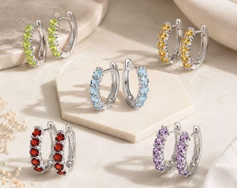 Boucles d'oreilles créoles en argent, péridot, citrine, grenat, améthyste et topaze, bijoux minimalistes en pierres précieuses, cadeau idéal pour une épouse ou une mère, bijoux fins