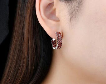 Garnet Hoop Earrings: Sterling Silver Rhodium Plated Dainty Holiday Jewelry