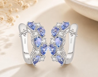 Boucles d'oreilles tanzanite, clip en argent sterling plaqué rhodium pour femme, boucles d'oreilles créoles avec pierres précieuses violettes, boucles d'oreilles minimalistes tendance