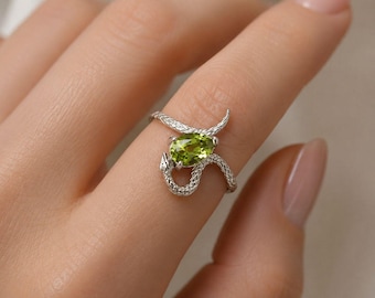 Bague en péridot, argent sterling 925 rhodié, bague serpent ajustable, pierre de naissance d'août pour femme, cadeau d'anniversaire, de Noël ou autre.