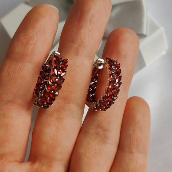 Garnet Huggie Hoop Earrings, Silver Rhodium Plated, Dainty Minimalist Gemstone Jewelry, Red Garnet Earrings, Everyday Hoops, Mother Day Gift
