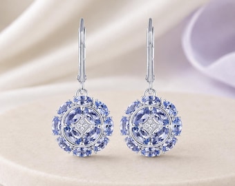 Boucles d'oreilles pendantes tanzanite, bijoux floraux en argent 925 véritables pierres précieuses taille marquise, cadeau classique mignon fleur unique, cadeau d'anniversaire