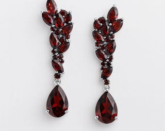 Garnet Dangle Earrings 925 Sterling Silver Rhodium Plated, Pear 9x5mm Drop Earrings Screw Back, Mother Birthday Gift, Art Deco Bride Jewelry