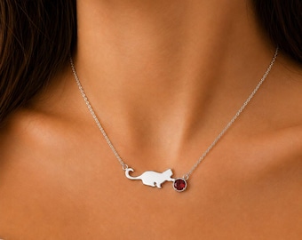 Collier Chat Grenat, Pendentif Argent, Collier Pierre de Naissance de Janvier, Cadeau Minimaliste pour les Amoureux des Chats, Bijou Chat Mignon, Cadeau d'Anniversaire ou de Noël de Janvier