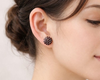 Floral Garnet Sterling Silver Stud Earrings, Floral Cluster Studs, Gemstone Jewelry, Victorian Design, Romantic Boho Studs, Wife Mother Gift