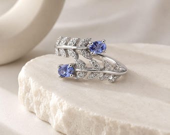 Bague tanzanite pierre de naissance, argent sterling 925, bague femme feuille de pierres précieuses violettes, cadeau pierre de naissance décembre, cadeau bijoux pierre de naissance tanzanite