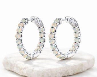 Sterling Silver Opal Hoop Earrings, Dainty Huggie Hoops, October Birthstone Jewelry, Minimalist White Opal, Gift for Her, Everyday Earrings