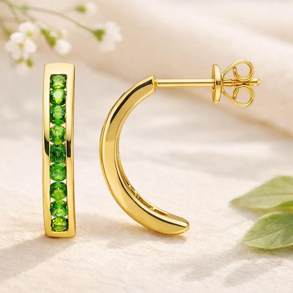 Emerald Green Look Earrings, Chrome Diopside Green Gemstone, Minimalist Crescent Curved Bar Studs, 18K Gold Over 925 Silver, Mothers Gift