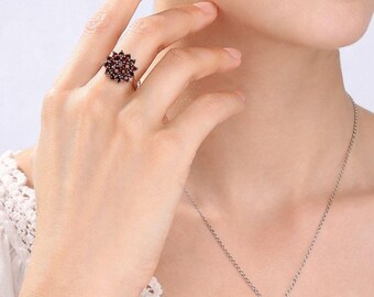 Garnet Sterling Silver Floral Jewelry Set, Rhodium Plated
