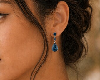 Bijoux de demoiselle d'honneur pour mariage, boucles d'oreilles topaze bleue de Londres, clous d'oreilles en argent sterling 925 plaqués rhodium, cadeaux de mariage raffinés et élégants