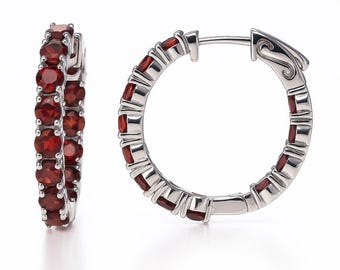 Garnet Sterling Silver Hoop Earrings, Rhodium Plated, January Birthstone