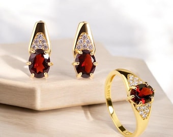 Garnet Jewelry Set, Yellow Gold Sterling Silver Ring Earrings