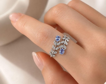 Bague tanzanite en argent sterling 925, bague réglable pour femme, bague feuille de pierres précieuses violettes, cadeau bijoux tanzanite, bague inspirée de la nature