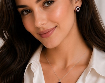 Ensemble de bijoux en grenat, boucles d'oreilles et collier pour femme plaqués argent rhodié, bijou raffiné en pierre précieuse double halo, cadeau de naissance de janvier (Noël).