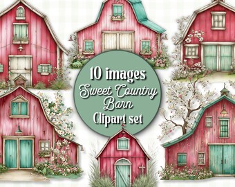 Sweet Country Barn Clipart Set | Rustic Farmhouse PNG Graphics | Vintage Red Barn Illustrations | Cottagecore Country Aesthetic