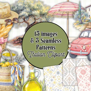 Könnte beinhalten: Aquarell-Illustration mit italienischen Themen. Ein Strohhut mit dem Text "Ciao Bella", Sonnenbrille, ein Korb mit Brot und eine rosa Schleife. Ein rosa Auto, Olivenöl, Zitronen und Muster sind ebenfalls enthalten. Der Text "15 images & 5 Seamless Patterns Italian Clipart".
