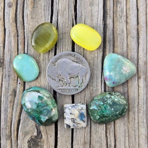 May include: Assortment of polished gemstones in various colors, including green, yellow, and turquoise, arranged around a silver coin. The coin features a buffalo design and the words "Five Cents". The gemstones are displayed on a weathered wooden surface.