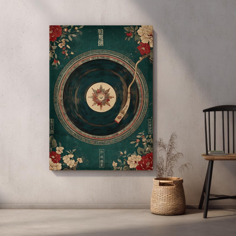 May include: A vintage-style wall art print featuring a record player design. The artwork has a teal background with floral accents in red and white. The record player's needle is poised above the record. Japanese characters are visible.